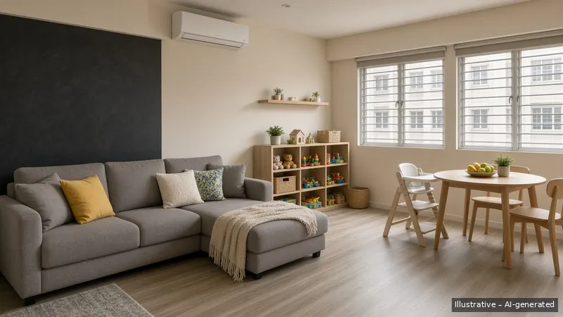 Living and dining — Kids-Friendly Family, HDB 4-room (illustrative)