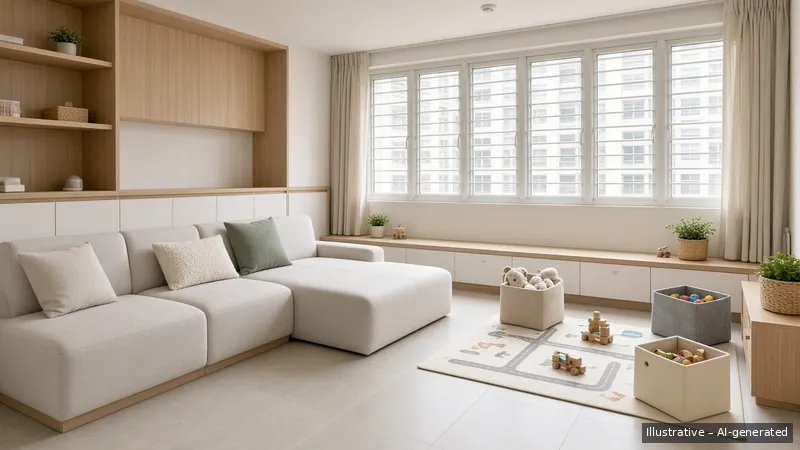 Living — Kids-Friendly Family, HDB 5-room (illustrative)