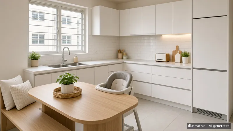 Kitchen and dining — Kids-Friendly Family, HDB 5-room (illustrative)