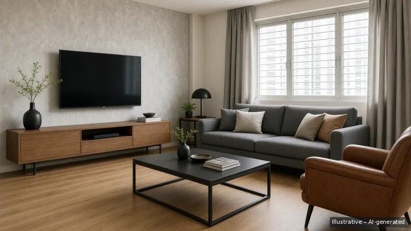 Living room — Kopi Loft, HDB 4-room (illustrative)