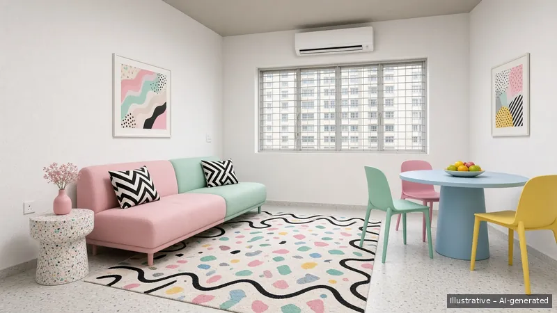 Living and dining — Memphis Pop, HDB 3-room (illustrative)