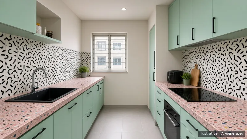 Galley kitchen — Memphis Pop, HDB 3-room (illustrative)