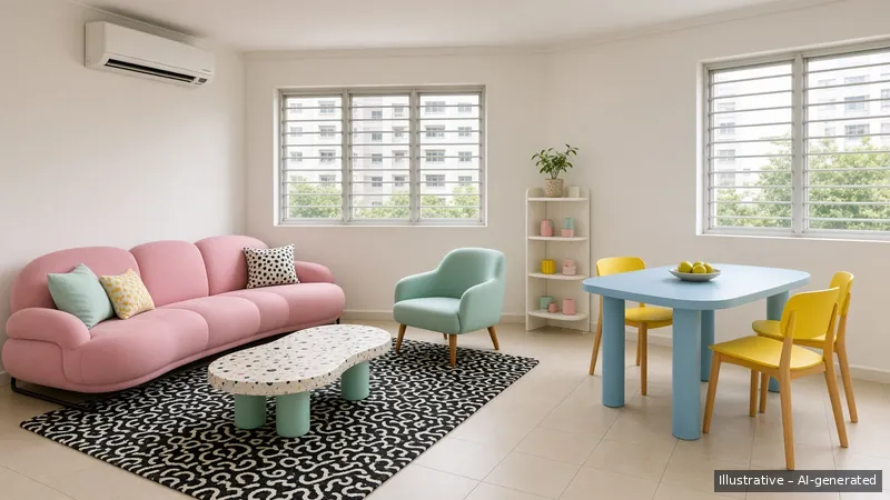 Living and dining — Memphis Pop, HDB 4-room (illustrative)