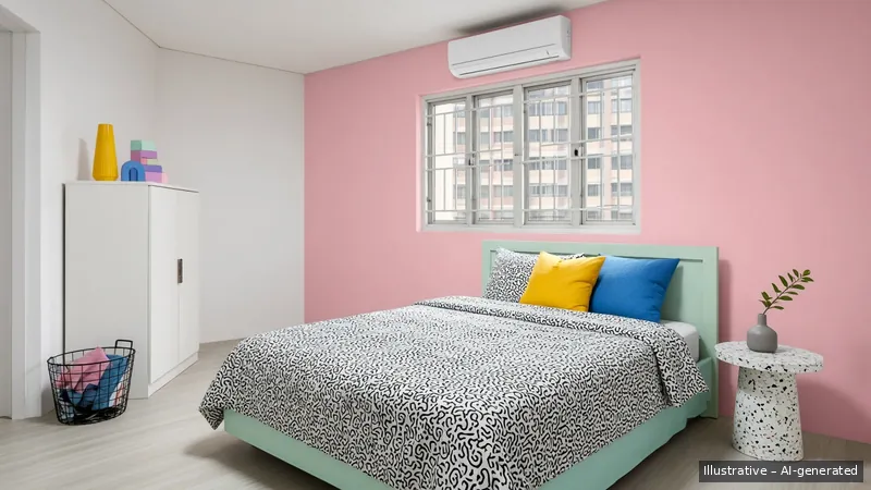 Master bedroom — Memphis Pop, HDB 4-room (illustrative)