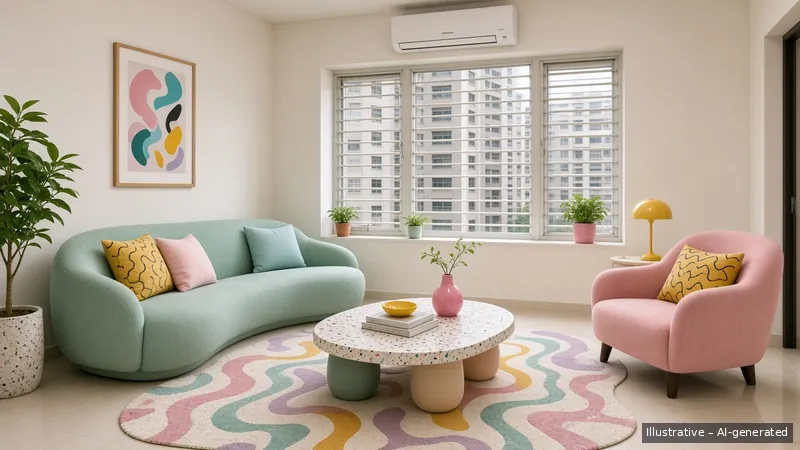 Living — Memphis Pop, HDB 5-room (illustrative)