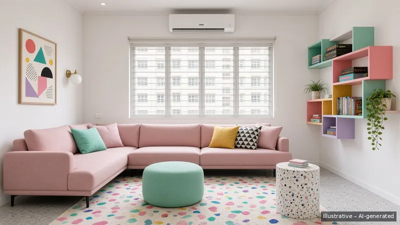 Family room — Memphis Pop, HDB 5-room (illustrative)
