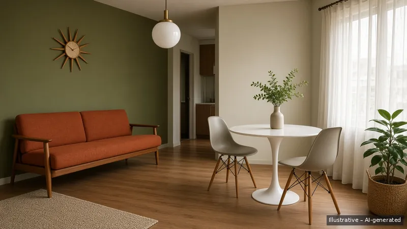 Living and dining — Mid-Century, HDB 3-room (illustrative)