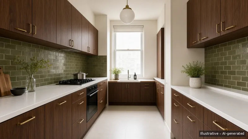 Galley kitchen — Mid-Century, HDB 3-room (illustrative)