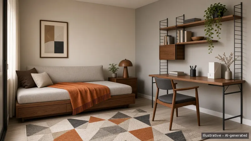 Bedroom and study — Mid-Century, HDB 3-room (illustrative)