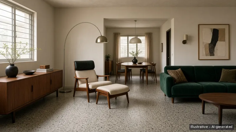 Living and dining — Mid-Century, HDB 4-room (illustrative)