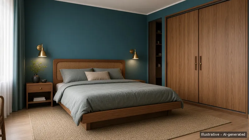 Master bedroom — Mid-Century, HDB 4-room (illustrative)