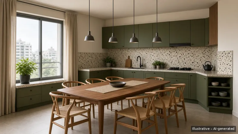 Kitchen and dining — Mid-Century, HDB 5-room (illustrative)