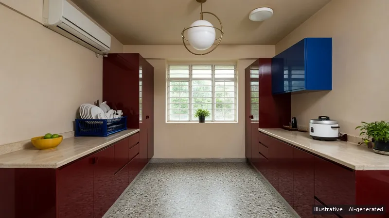 Galley kitchen — Milano Lacquer, HDB 3-room (illustrative)