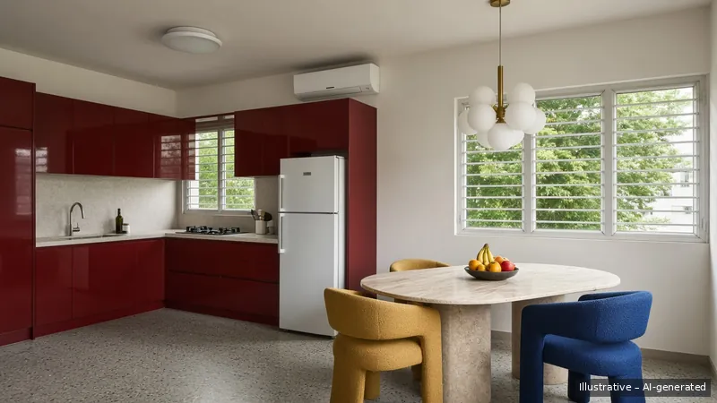 Kitchen and dining — Milano Lacquer, HDB 5-room (illustrative)