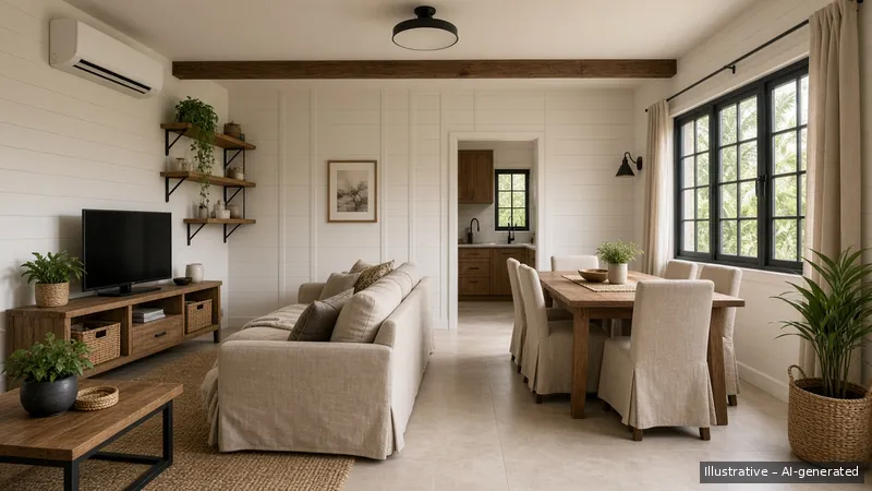 Living and dining — Modern Farmhouse, HDB 3-room (illustrative)