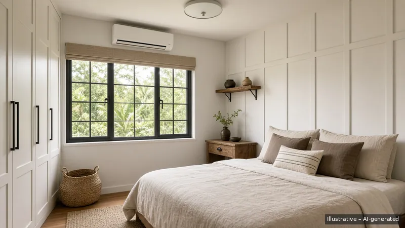 Bedroom — Modern Farmhouse, HDB 3-room (illustrative)