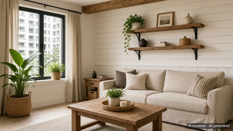 Living and dining — Modern Farmhouse, HDB 4-room (illustrative)