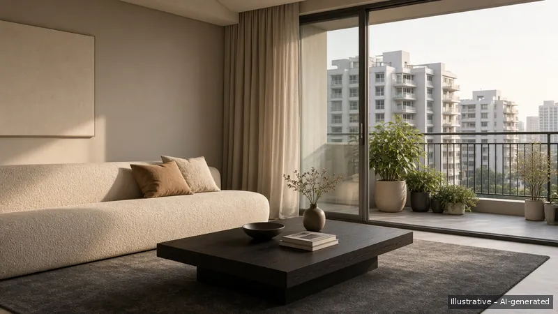 Living and balcony — Monochrome Minimal, Condo (illustrative)