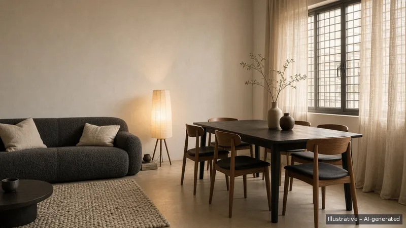 Living and dining — Monochrome Minimal, HDB 3-room (illustrative)