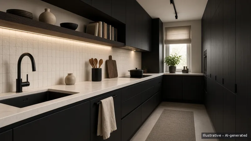Galley kitchen — Monochrome Minimal, HDB 3-room (illustrative)