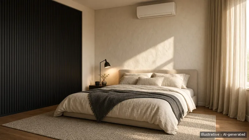 Master bedroom — Monochrome Minimal, HDB 4-room (illustrative)