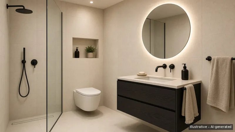 Bathroom — Monochrome Minimal, HDB 4-room (illustrative)