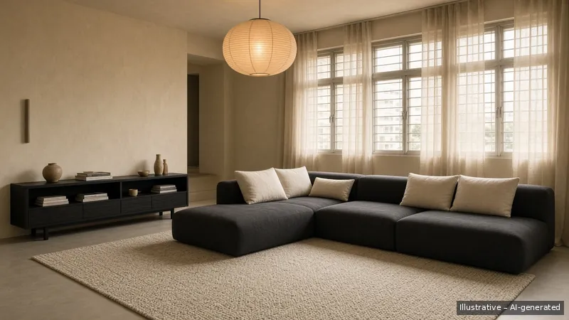 Living — Monochrome Minimal, HDB 5-room (illustrative)