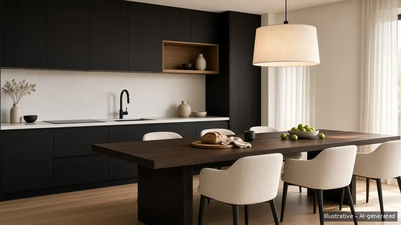 Kitchen and dining — Monochrome Minimal, HDB 5-room (illustrative)