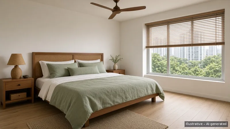Master bedroom — Monsoon Green, Condo (illustrative)