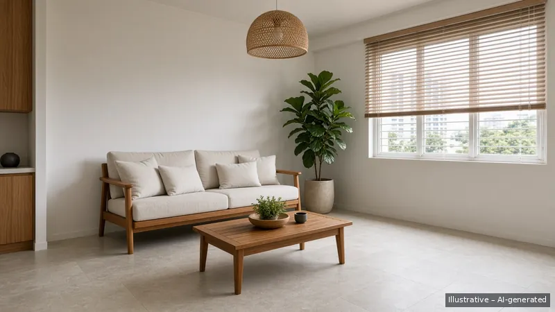 Living room — Monsoon Green, HDB 3-room (illustrative)