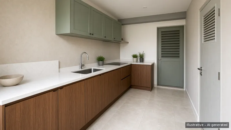 Kitchen — Monsoon Green, HDB 3-room (illustrative)