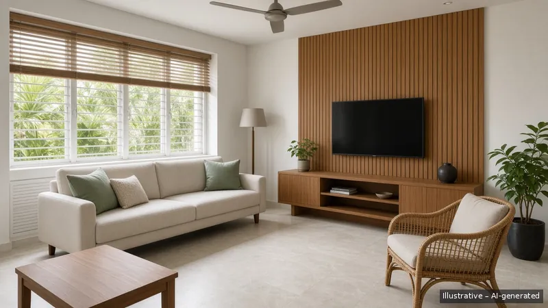 Living room — Monsoon Green, HDB 4-room (illustrative)