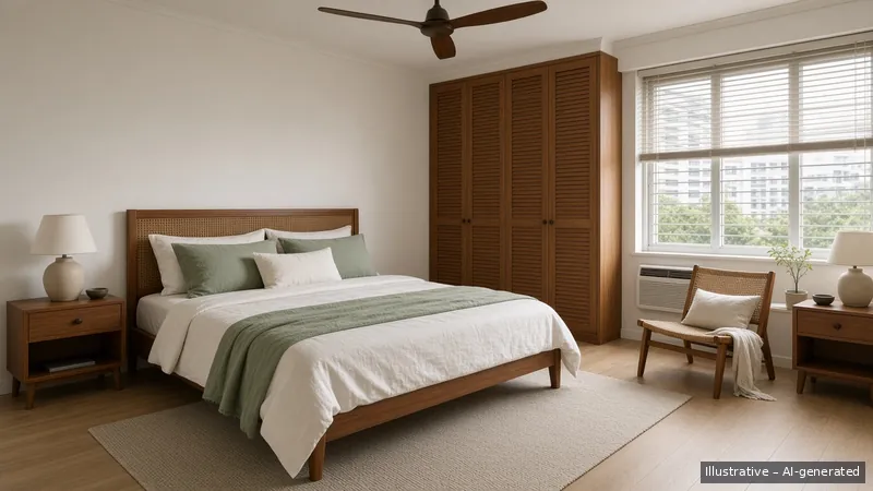 Master bedroom — Monsoon Green, HDB 4-room (illustrative)