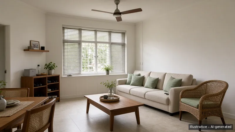 Living and dining — Monsoon Green, HDB 5-room (illustrative)