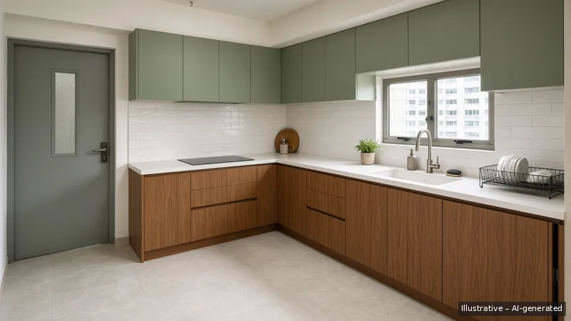 Kitchen — Monsoon Green, HDB 5-room (illustrative)