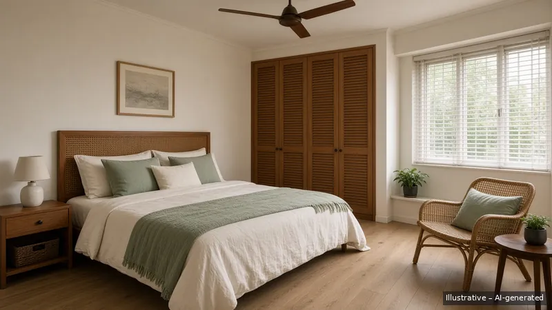 Master bedroom — Monsoon Green, HDB 5-room (illustrative)