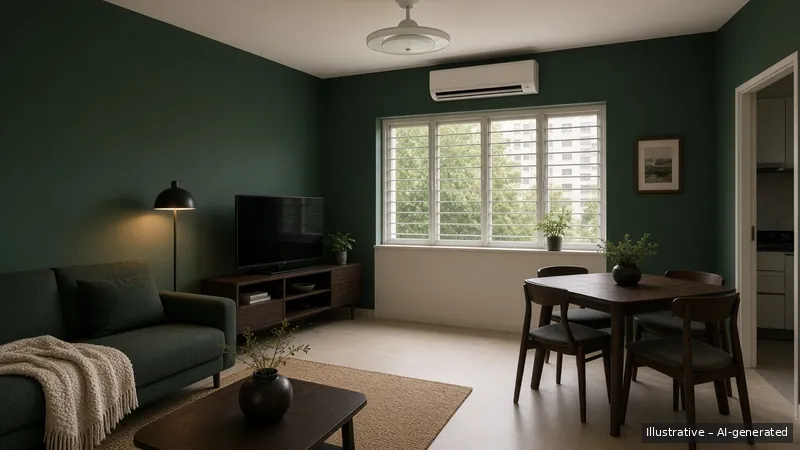 Living and dining — Moody Nordic, HDB 3-room (illustrative)