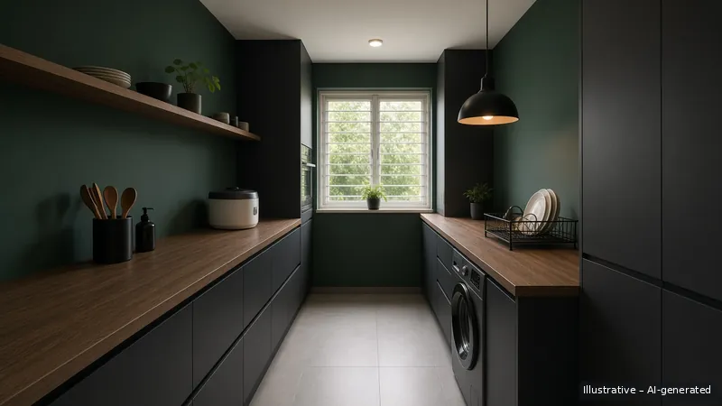 Galley kitchen — Moody Nordic, HDB 3-room (illustrative)