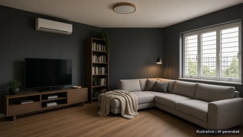 Living — Moody Nordic, HDB 5-room (illustrative)