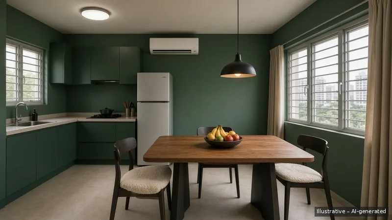 Kitchen and dining — Moody Nordic, HDB 5-room (illustrative)