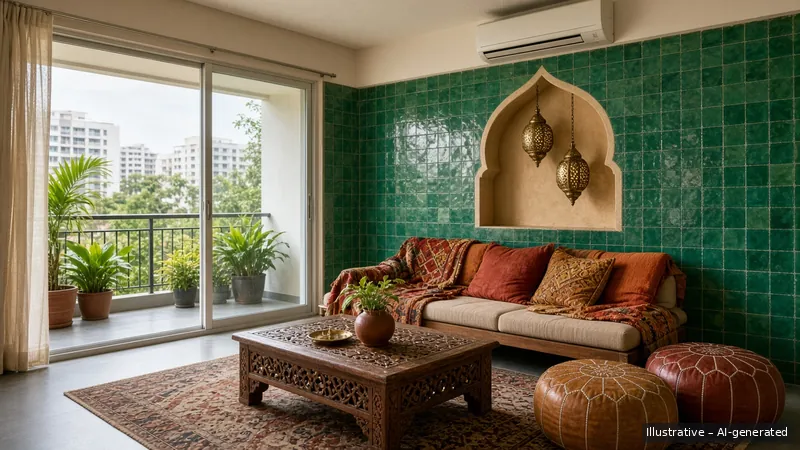 Living and balcony — Moroccan Zellige, Condo (illustrative)
