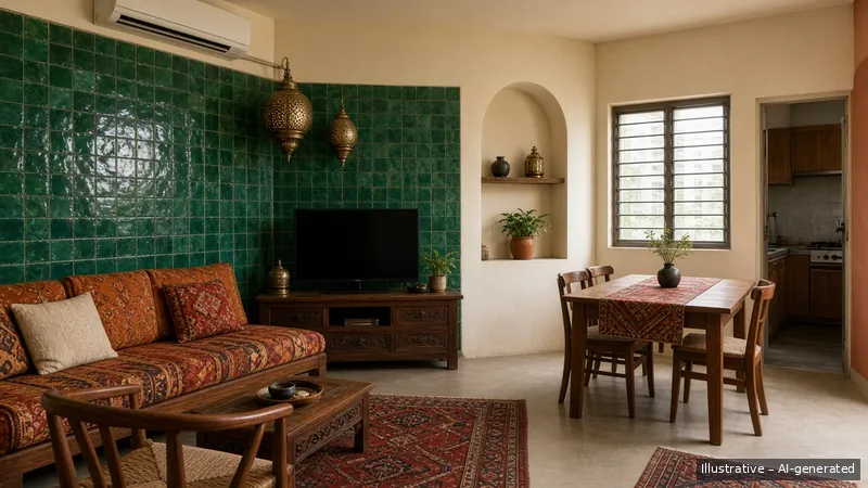 Living and dining — Moroccan Zellige, HDB 3-room (illustrative)