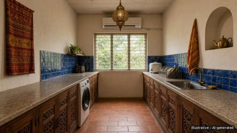 Galley kitchen — Moroccan Zellige, HDB 3-room (illustrative)