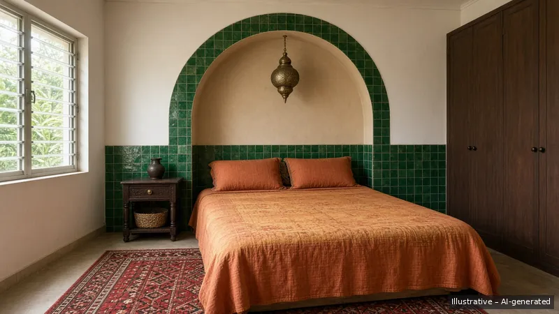 Bedroom — Moroccan Zellige, HDB 3-room (illustrative)