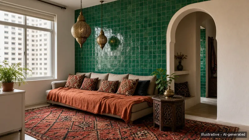Living and dining — Moroccan Zellige, HDB 4-room (illustrative)
