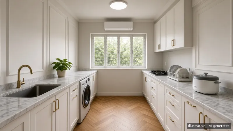 Galley kitchen — Parisian Moulding, HDB 3-room (illustrative)