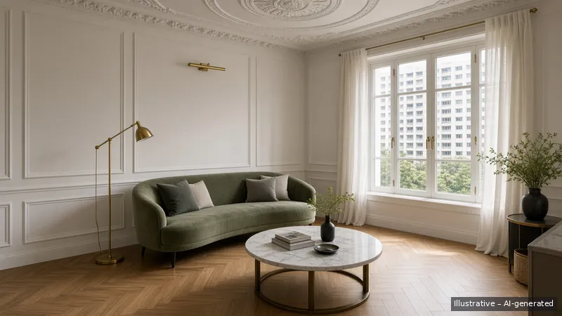 Living and dining — Parisian Moulding, HDB 4-room (illustrative)