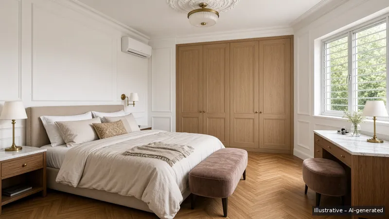Master bedroom — Parisian Moulding, HDB 4-room (illustrative)