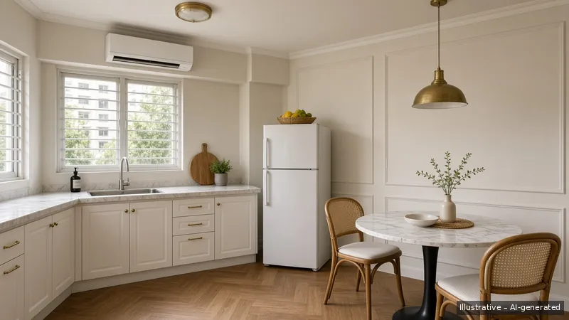 Kitchen and dining — Parisian Moulding, HDB 5-room (illustrative)