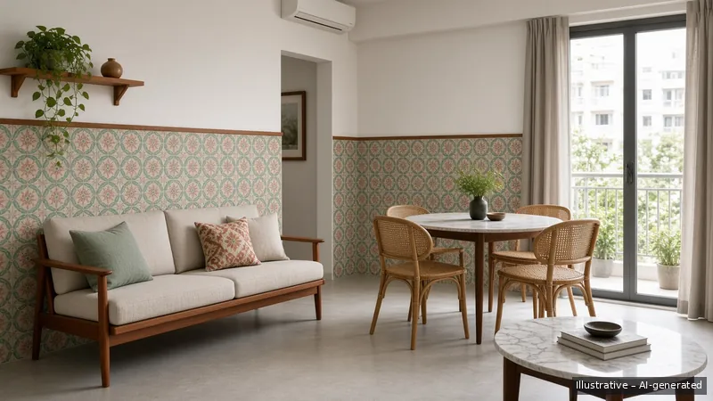 Living and dining — Peranakan Modern, HDB 3-room (illustrative)